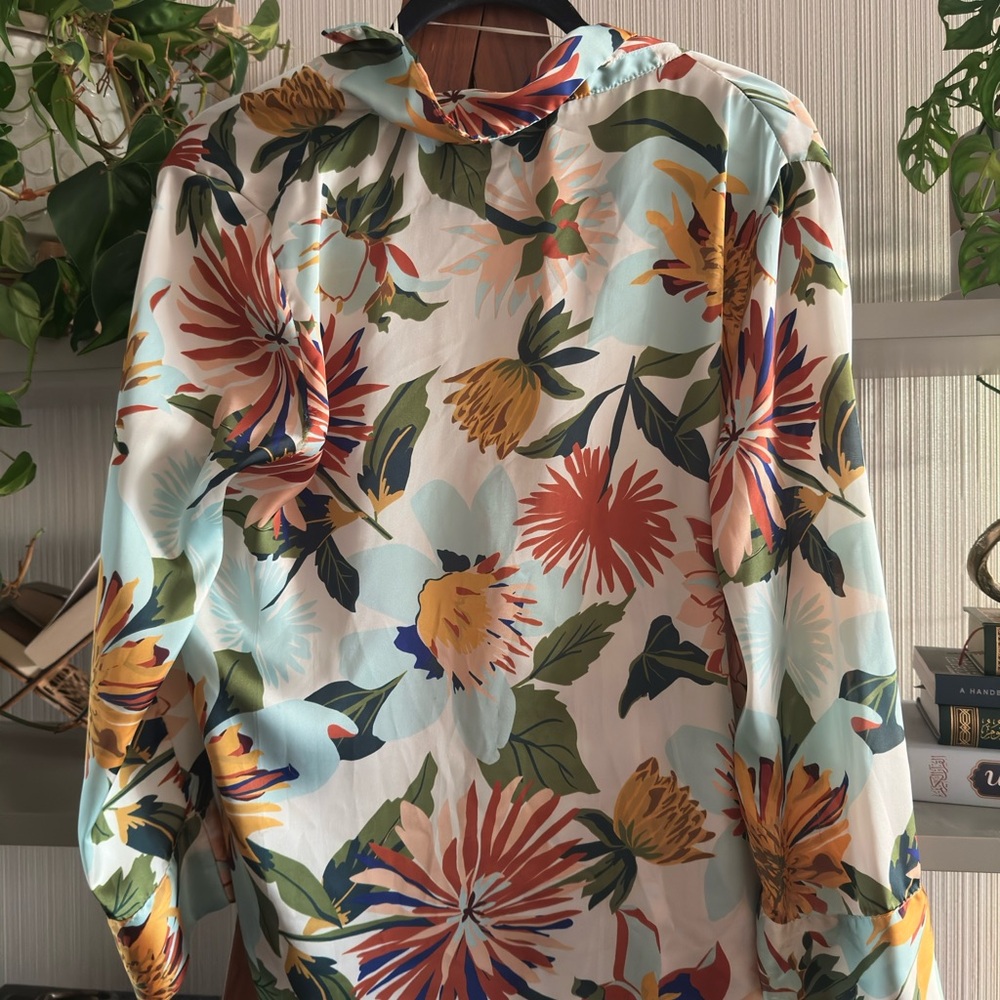 Zara Floral Long-Sleeve satin Blouse shirt